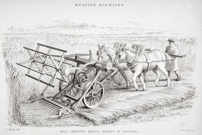 Máquina de segar mejorada de Bell, grabado por J.M. Lowry de Cornelius Varley